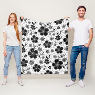 Black and White Floral Print Fleece Blanket