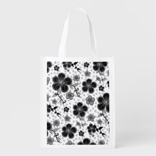 Black and White Floral Print Grocery Bag