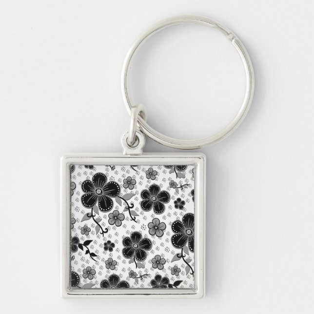 Black and White Floral Print Keychain (Front)