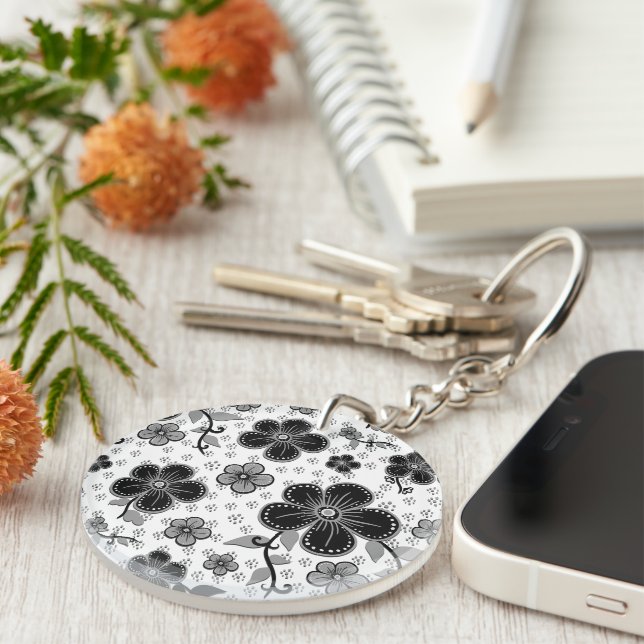 Black and White Floral Print Keychain (Front Right)