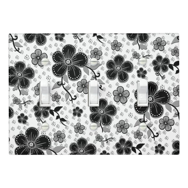 Black and White Floral Print Light Switch Cover (In Situ)