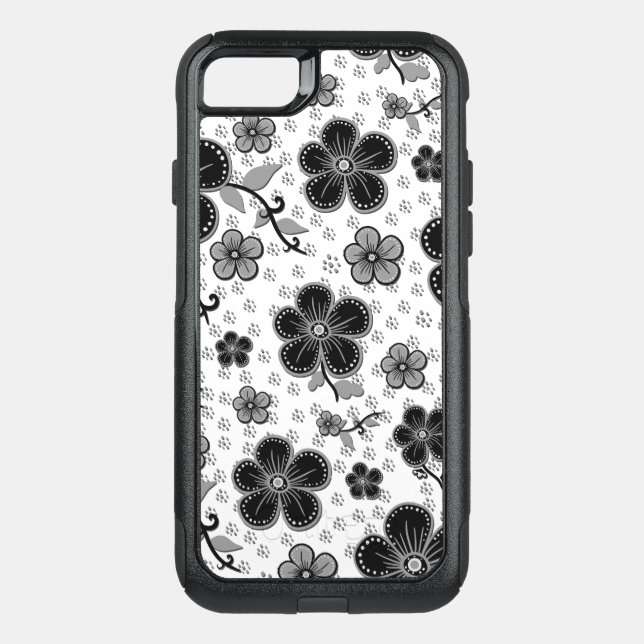 Black and White Floral Print Otterbox iPhone Case (Back)