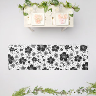 Black and White Floral Print Outdoor Rug