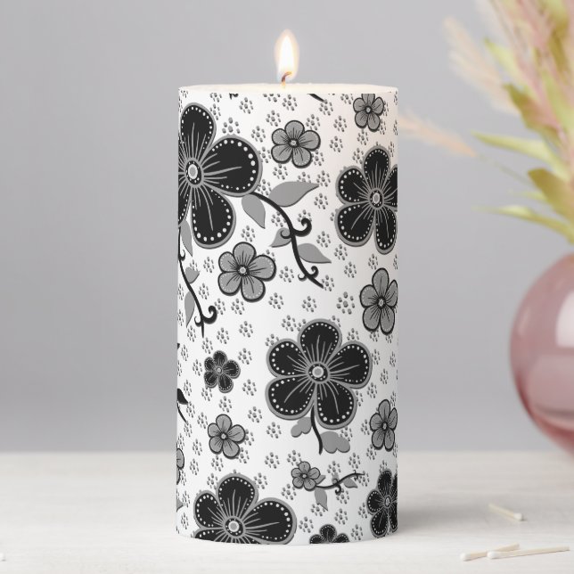 Black and White Floral Print Pillar Candle (In Situ)