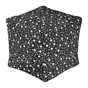 Black and White Floral Print Pouf