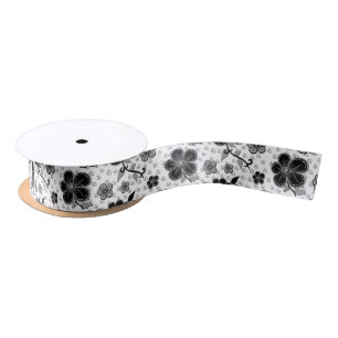 Black and White Floral Print Satin Ribbon