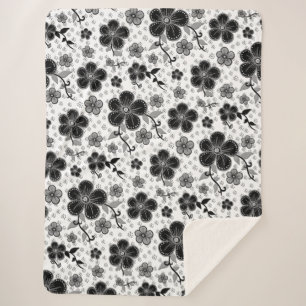 Black and White Floral Print Sherpa Blanket