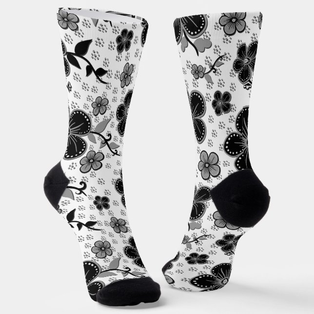 Black and White Floral Print Socks (Angled)
