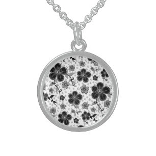 Black and White Floral Print Sterling Silver Necklace