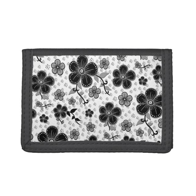 Black and White Floral Print Trifold Wallet (Front)