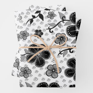 Black and White Floral Print Wrapping Paper Sheets