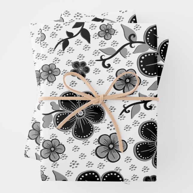 Black and White Floral Print Wrapping Paper Sheets (In situ)