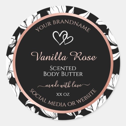 Black and White Floral Product Labels Rose Gold