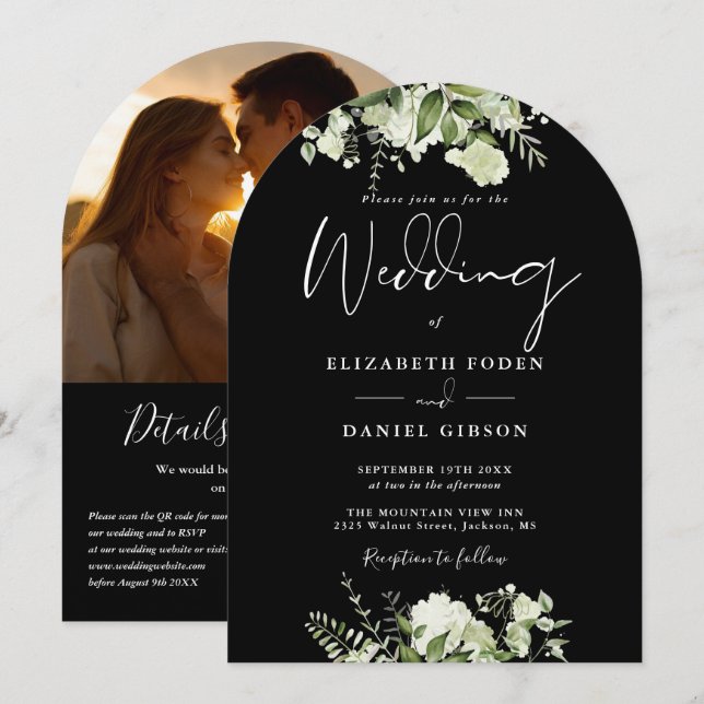 Black and White Floral QR Code Photo Arch Wedding Invitation (Front/Back)