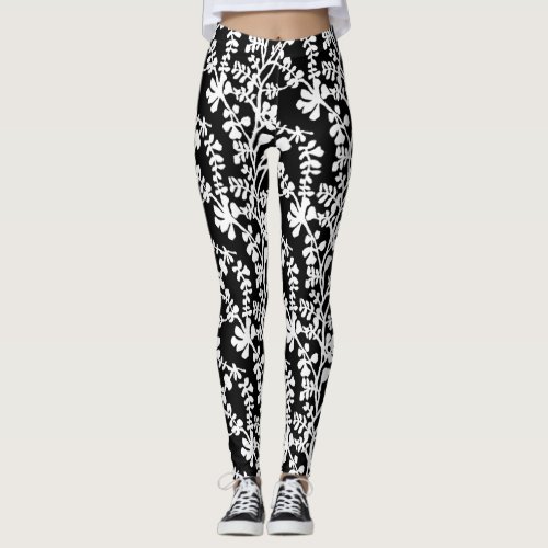 Black And White Floral Repeating Pattern Leggings