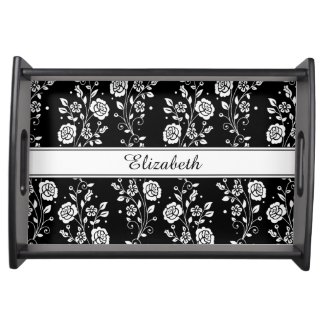 Black And White Floral Rose Pattern Name Print Serving Tray
