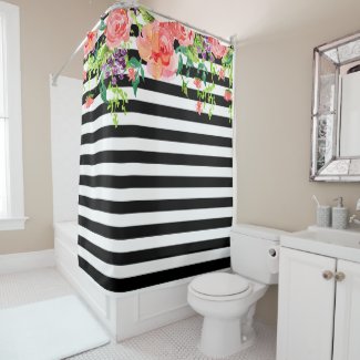 Black and White Floral Roses Watercolor art Stripe Shower Curtain
