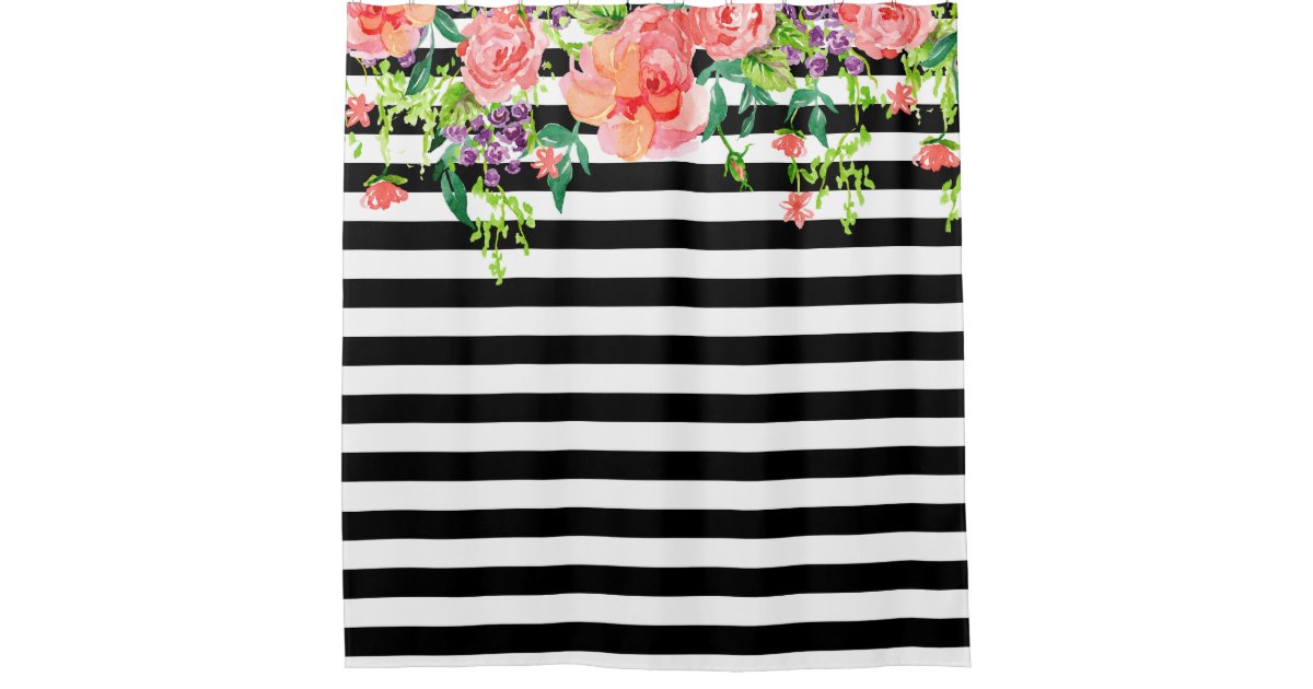 Black And White Fl Roses Watercolor Art Stripe Shower Curtain Zazzle Com Black And White Fl Roses Watercolor, Black And White Flower Shower Curtain