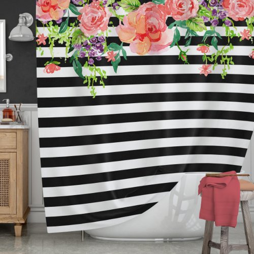 Black and White Floral Roses Watercolor art Stripe Shower Curtain