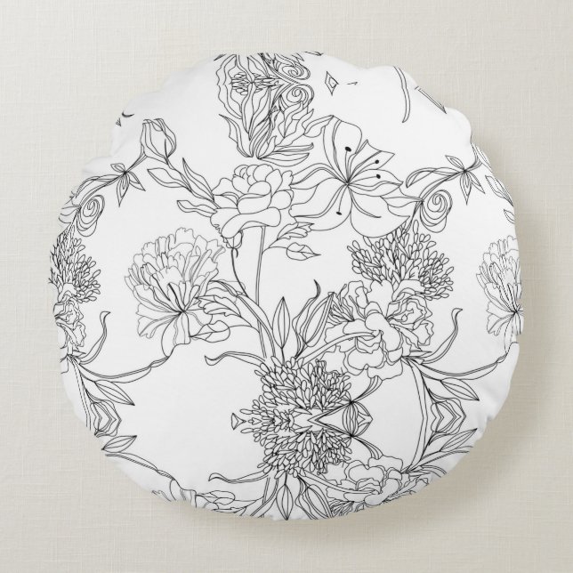 Black and White Floral Round Pillow (Front)