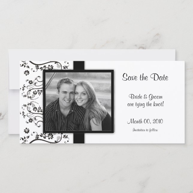 Black and White Floral Save the Date Photo Cards (Front)
