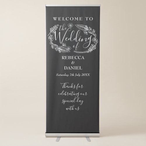 Black And White Floral Script Wedding Welcome Retractable Banner