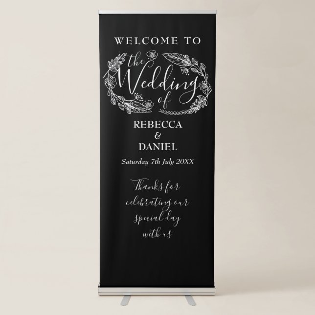 Black And White Floral Script Wedding Welcome Retractable Banner (Front)