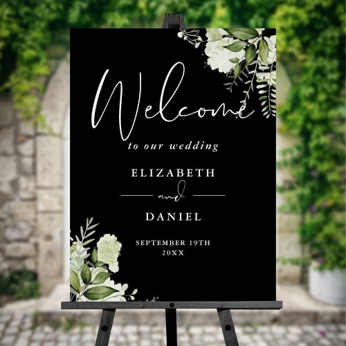 Black And White Floral Script Wedding Welcome Sign