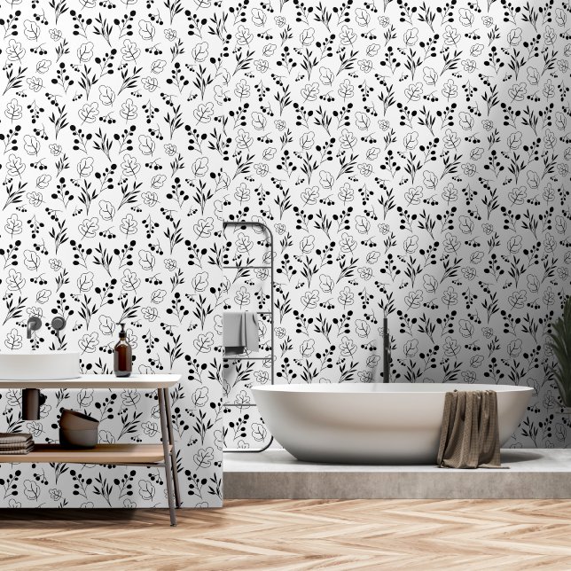 Black and White Floral Seamless Pattern Wallpaper (Bathroom)