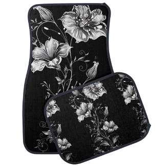 Black and White Floral Set of Car Mats