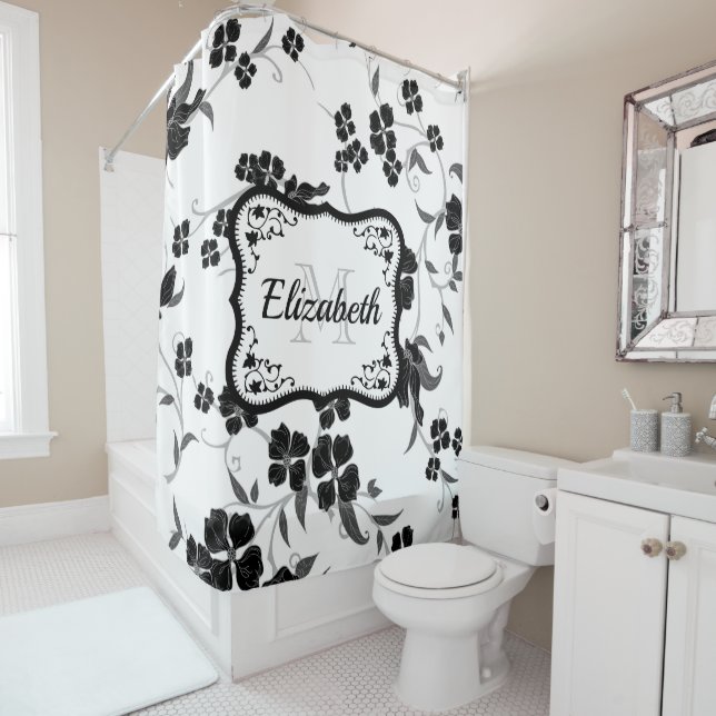 Black and White Floral Shower Curtain (In Situ)