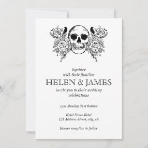 Black and White floral skull halloween wedding Invitation