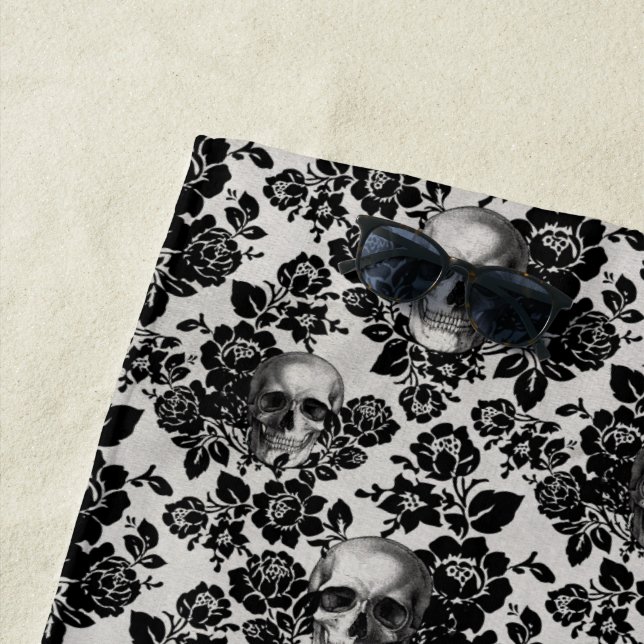 Black and White Floral Skull Pattern Beach Towel (In Situ)