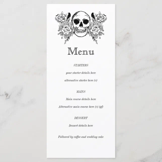 Black and white Floral skull tattoo menu | Zazzle