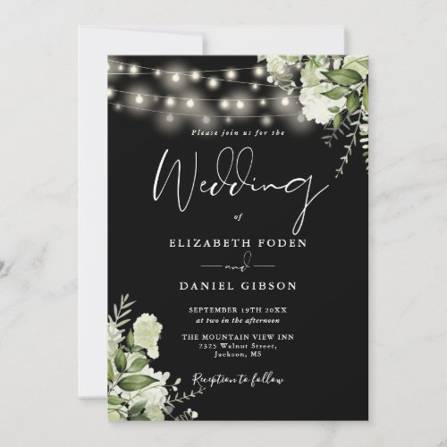 Black And White Floral String Lights Photo Wedding Invitation