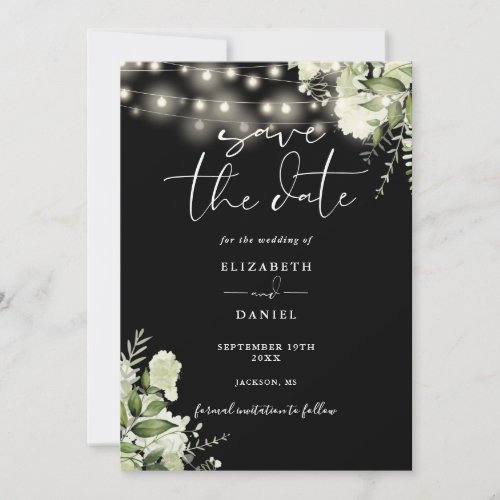 Black And White Floral String Lights Photo Wedding Save The Date