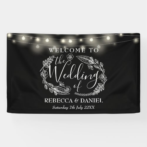 Black And White Floral String Lights Wedding Banner