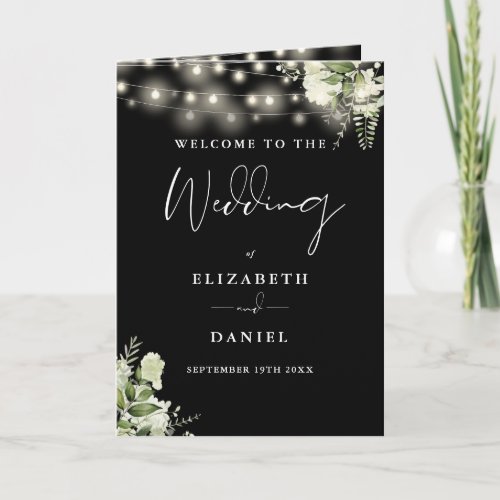 Black And White Floral String Lights Wedding Program