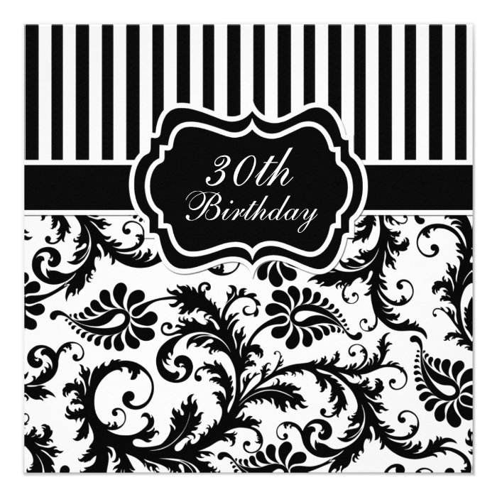 Black and White Floral Stripe 30th Birthday Invite