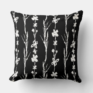 Black and White Floral Stripe Throw Pillow