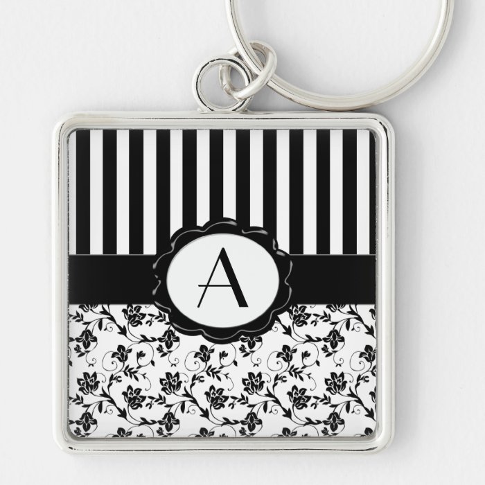 Black and White Floral Striped Monogram Keychain