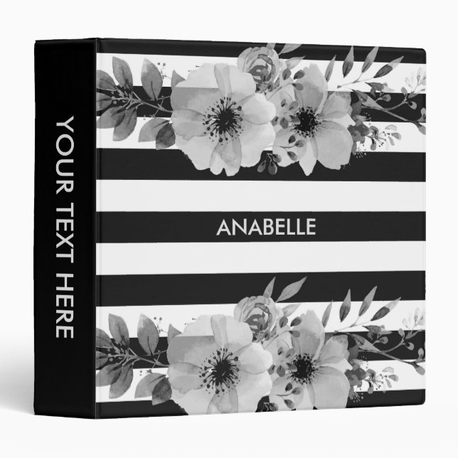 Black and White Floral Stripes 3 Ring Binder (Front/Spine)