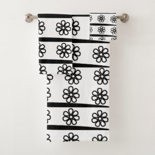 Black and White Floral Stripes  Bath Towel Set