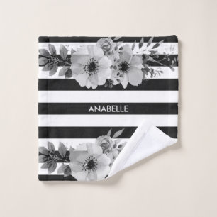 Black and White Floral Stripes Bath Towel Set