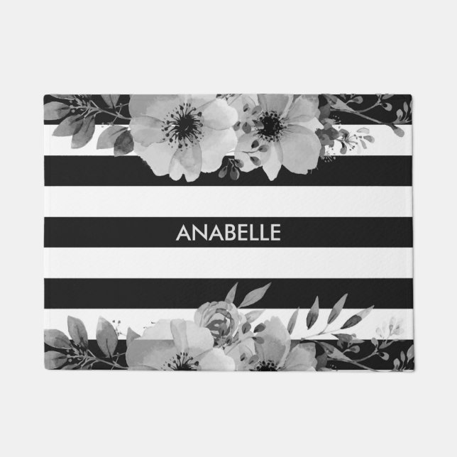 Black and White Floral Stripes Doormat (Front)
