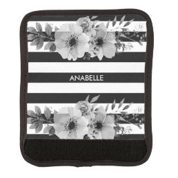 Black and White Floral Stripes Luggage Handle Wrap