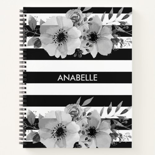 Black and White Floral Stripes Notebook