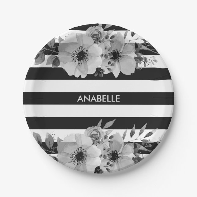Black and White Floral Stripes Paper Plates (Front)