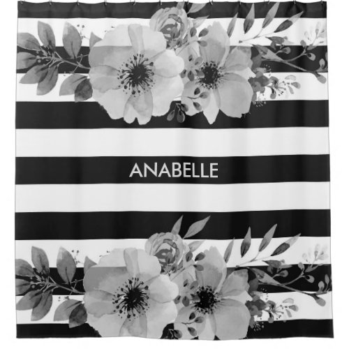 Black and White Floral Stripes Shower Curtain