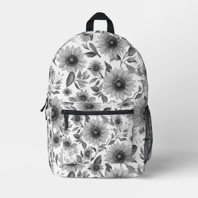 Black And White Floral Sunflowers Printed Backpack (Front)